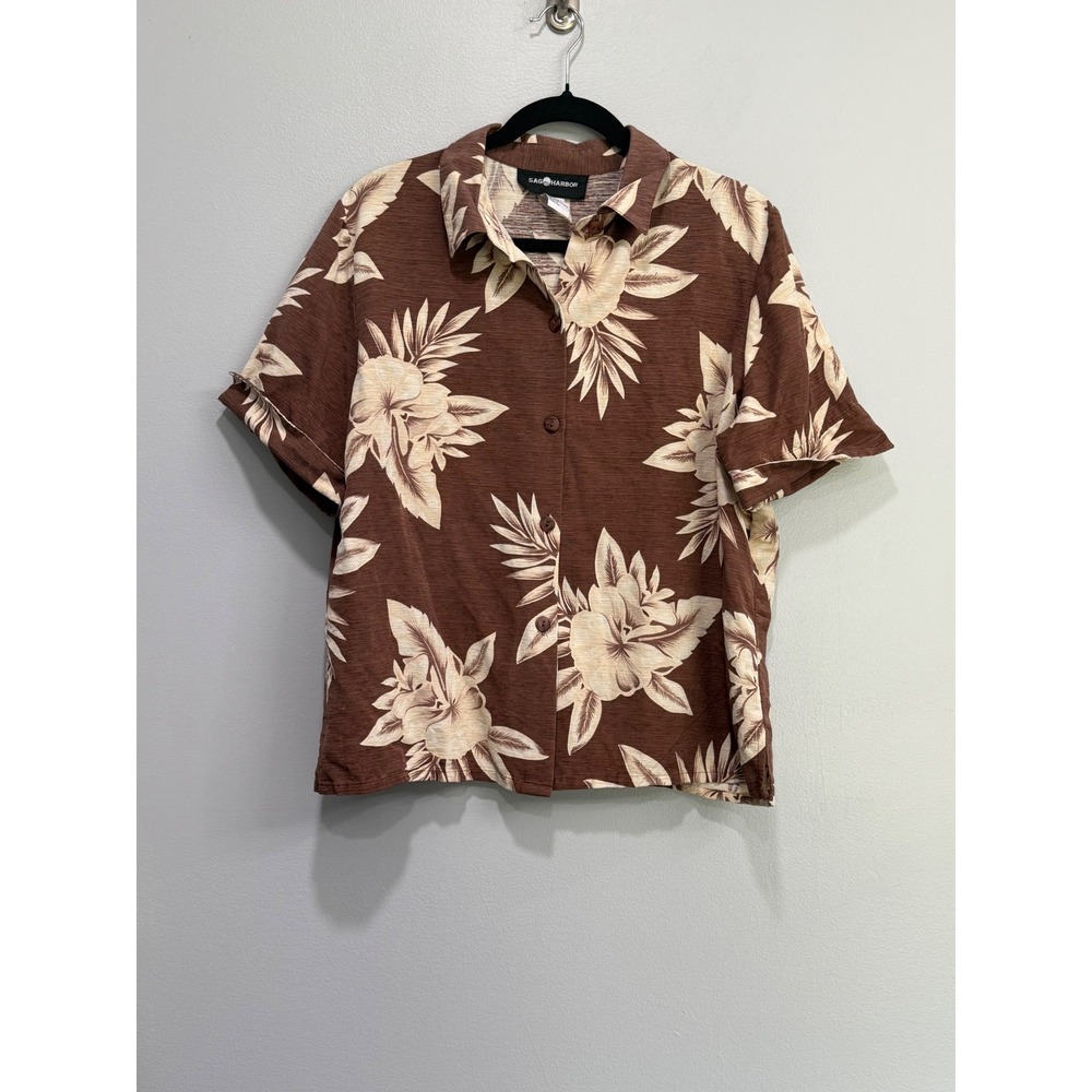 VTG Sage Harbor 100% Silk Brown Floral Tropical Button Down Shirt Womens‎ 16